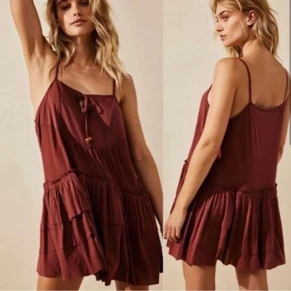 Free People Noelle Mini Dress Womens Small Rust NWOT Tiered Ruffle Boho‎ Summer
